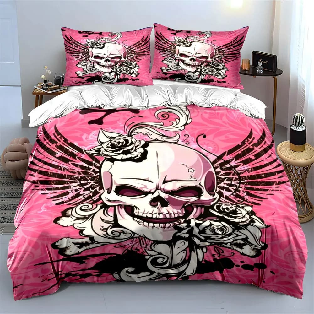 Set di biancheria da letto con decorazioni artistiche Skull Rose, con 1 copripiumino e 2 federe, singolo, matrimoniale, king, queen, regalo