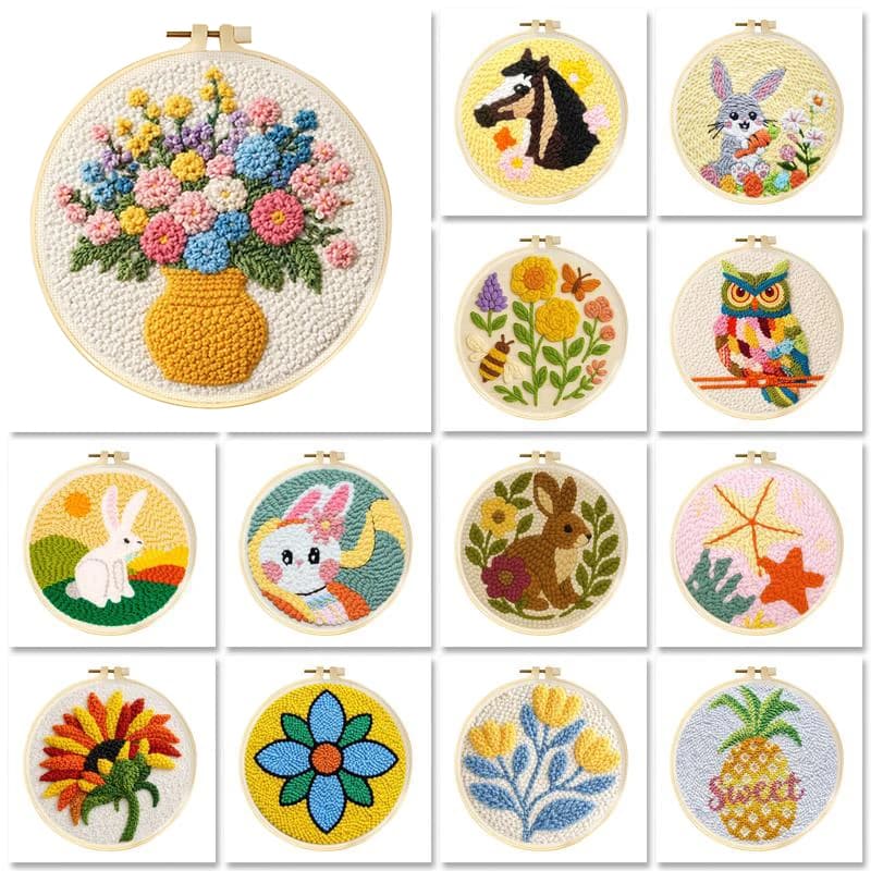 DIY Punch Needle Kits Cute Animal Easy for Beginners Punch Needle Embroidery Set with Hoop Rug hooking for Festival Gift