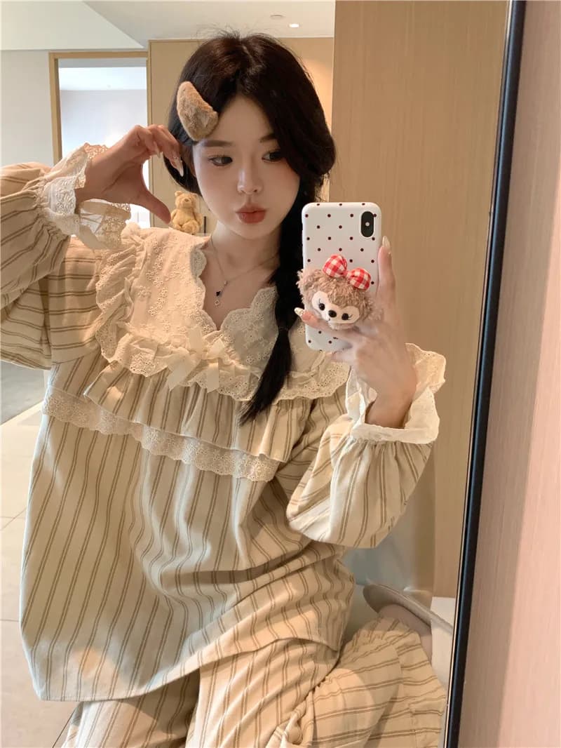 camicetta con scollo a V in pizzo + pantaloni pigiama a due pezzi set da donna coppia kawaii amanti abito da casa cotone coreano indumenti da notte autunnali larghi