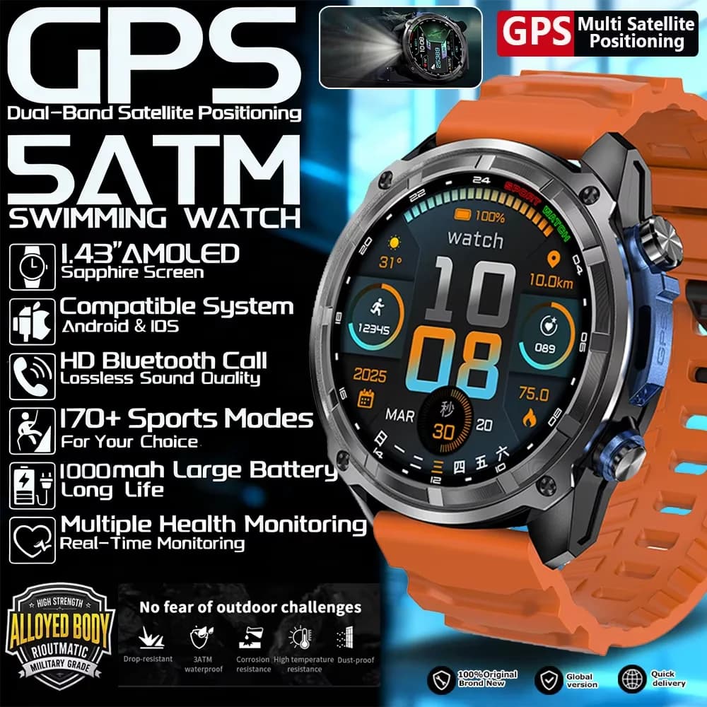 Nuovo Smartwatch T-Rex 3 da Uomo 2026, GPS Militare, Sport all'Aperto, Batteria 860mAh, Torcia LED, Impermeabile, Chiamate HD, Cardiofrequenzimetro