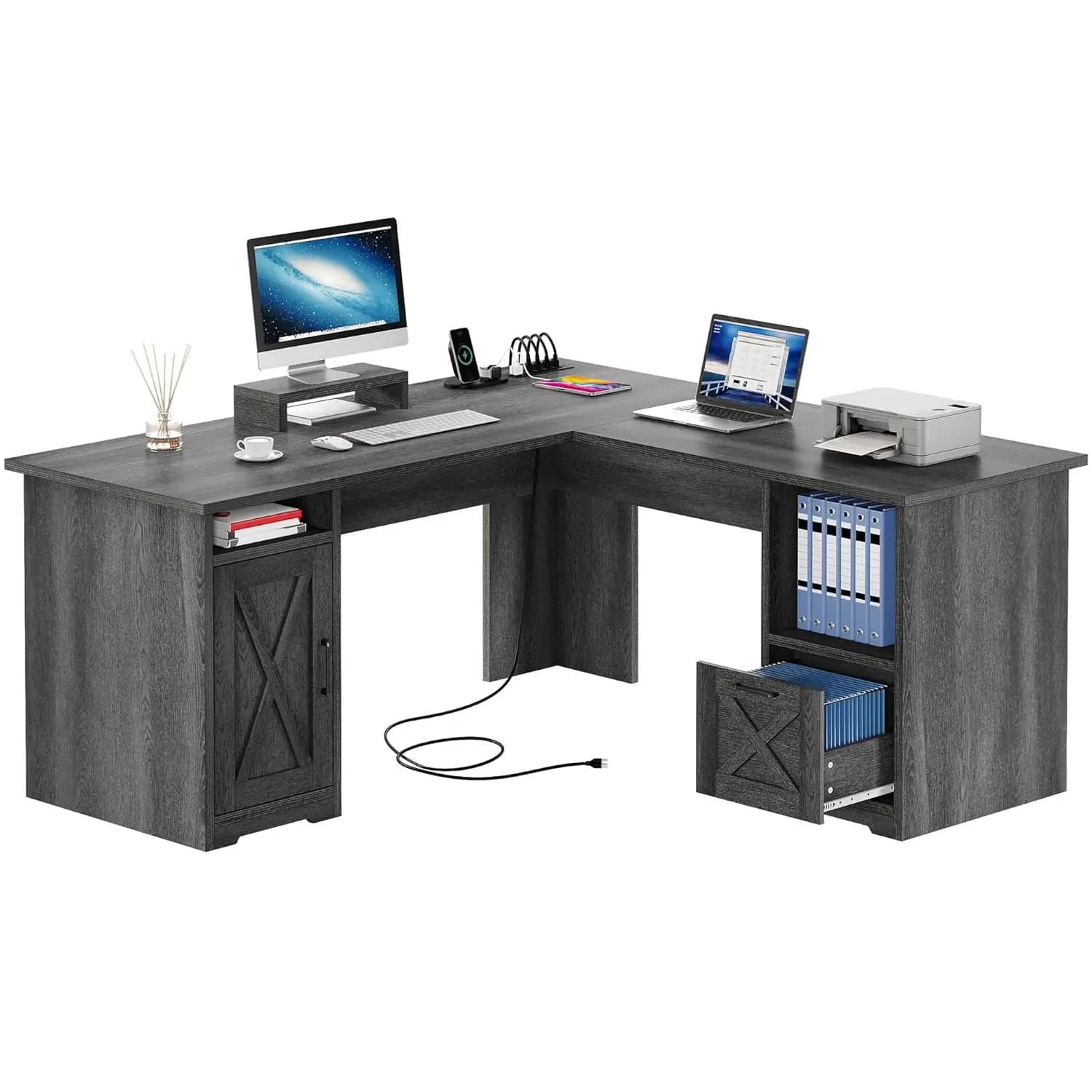 Scrivania ad L con Prese Elettriche, 60 Pollici, Cassetto Portadocumenti, Supporto Monitor, Scaffali Portaoggetti, per Ufficio Domestico, Grigia, Personalizzabile