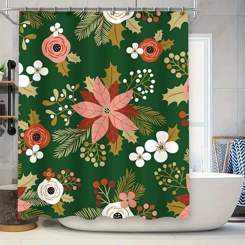 Elegante tenda da doccia floreale Decorazioni natalizie Accessori da bagno con foglie verdi Poinsettias Stampa moderna Decorazioni per la casa (69 x 7