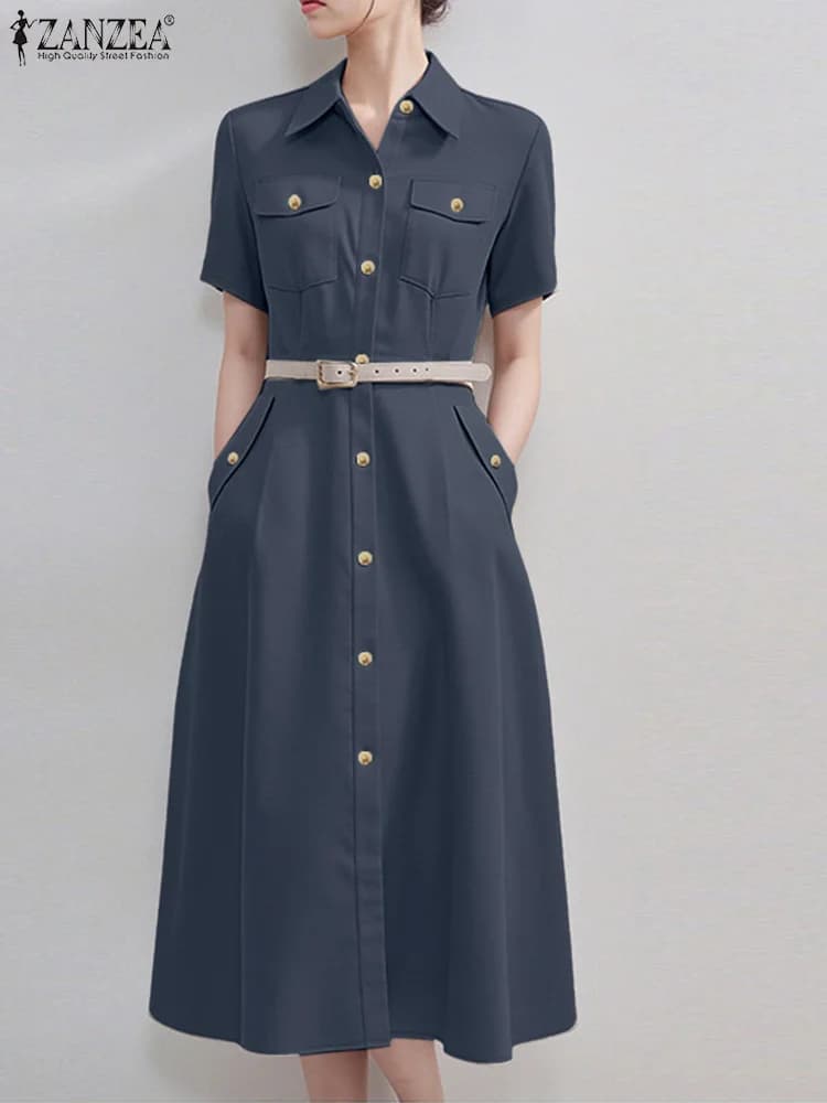 Elegante tuta estiva vestito 2025 ZANZEA camicia da donna abito elegante OL lavoro vestito estivo bavero collo manica corta bottoni abito longuette