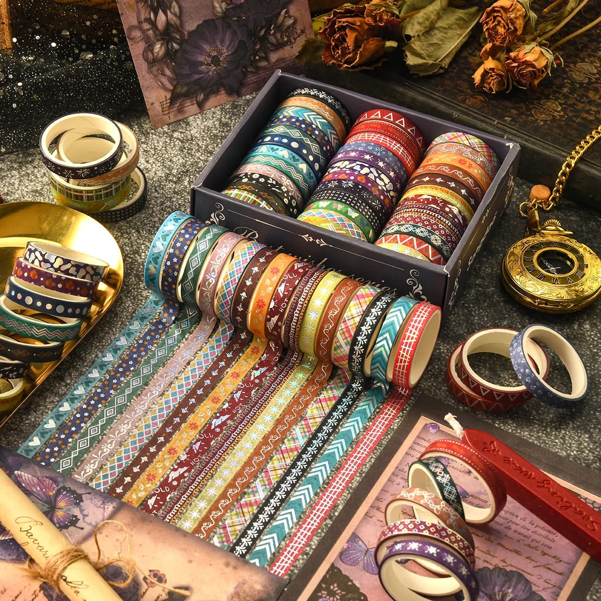 Gold Foil Washi Tape Set,36 Rolls Decorative Masking Tape for Scrapbooking Journaling Planner, Cute Pattern DIY Craft Supplies