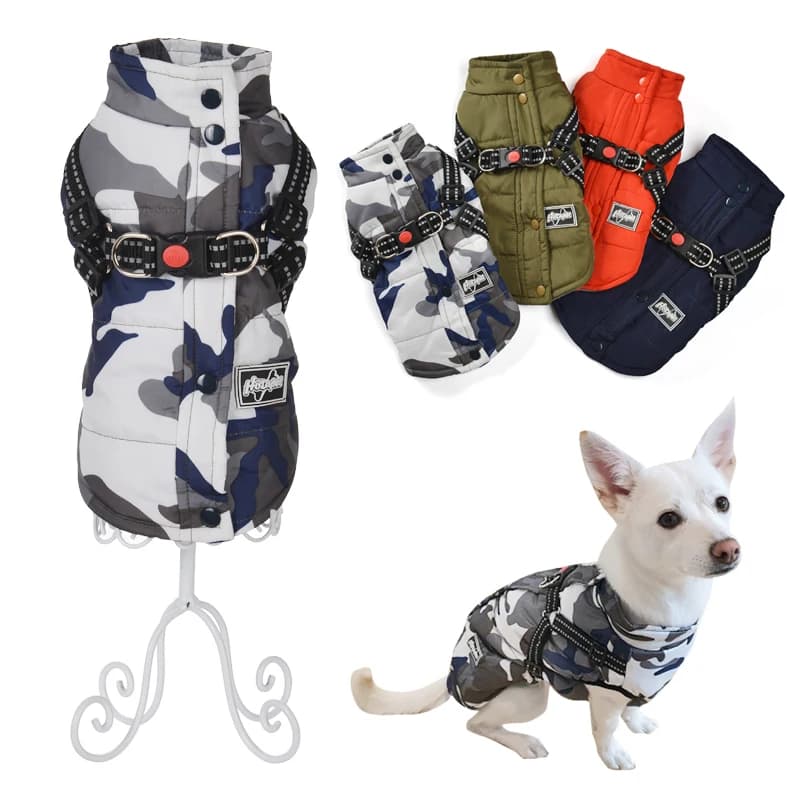 Giacca per cani da compagnia con imbracatura per cani di piccola taglia media Vestiti caldi invernali Chihuahua Bulldog francese Carlino Abiti Gilet per cuccioli Cappotti