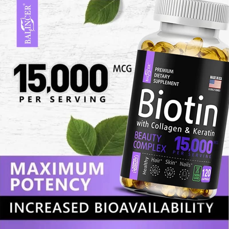 Biotin supplement - 15,000 Mcg with collagen and keratin, vitamins, bright hair, skin and nails, joint health, 30/60/120 capsules