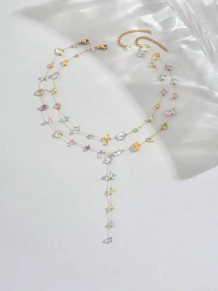 1pc Cute Colorful Glass Bead Pendant Necklace, Stainless Steel Women's Collarbone Chain And Y-Shaped Necklace, Summer Beach