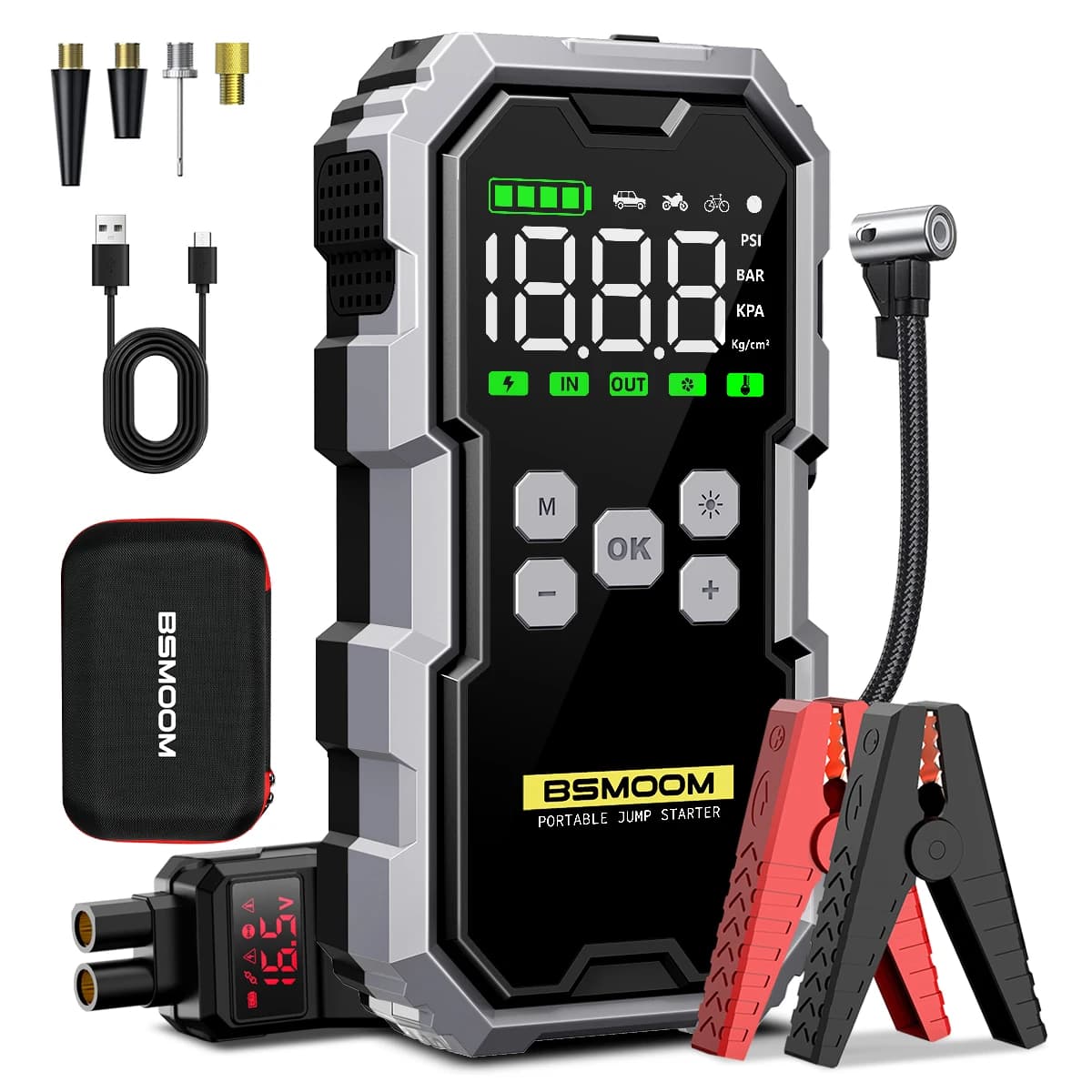 Avviatore d'emergenza per auto con compressore d'aria, schermo LCD, 21800mAh, caricabatterie portatile, dispositivo di avviamento potente da 6000A per batterie auto, caricabatterie per auto 12V (per tutti i veicoli a benzina/diesel fino a 10L), avvia rapidamente l'auto, ingresso/uscita USB, LED di emergenza, accessori e strumenti per auto