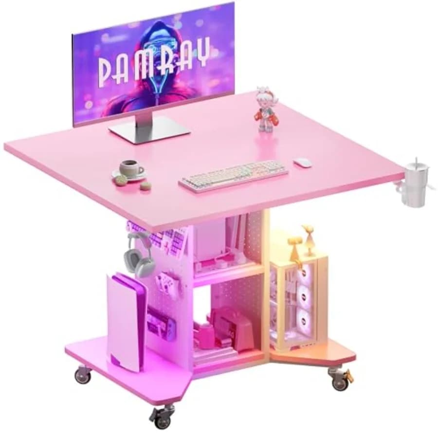 Scrivania da Gaming Compatta con Luci LED, Prese di Corrente e Pannello Forato per lo Stoccaggio, Tavolo per Computer Compatto per Spazi Ridotti, Rosa