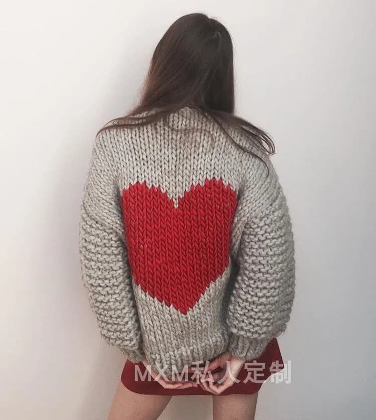 Women's Hand Woven Thick Stick Needle Back Heart Shaped Pattern Small Short Cardigan Sweater, 100% Pure Wool Jacket