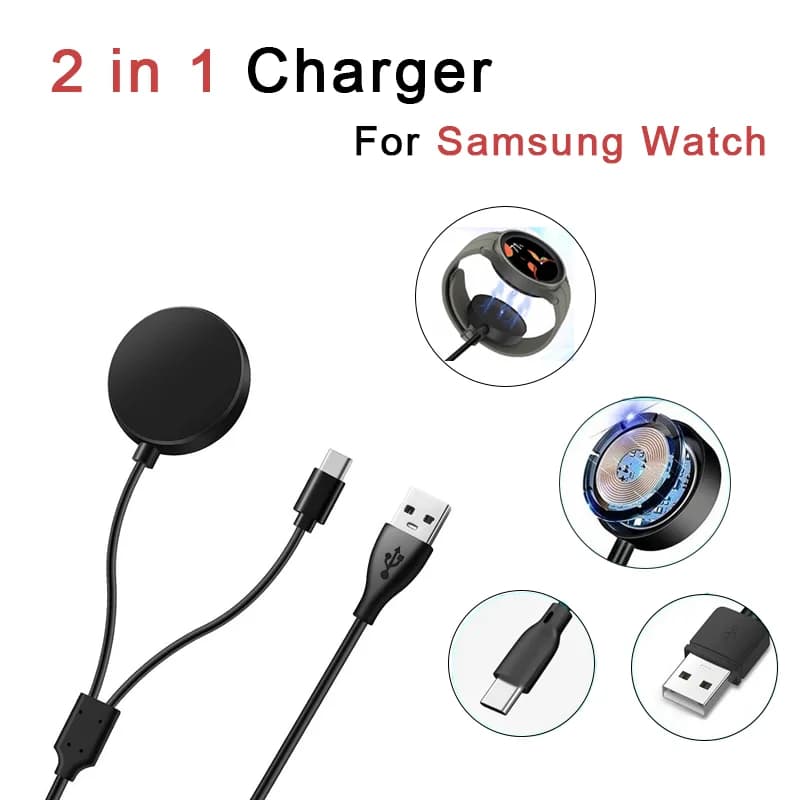 Caricabatterie 2 in 1 per Samsung Galaxy Watch 8/7/6/6Classic/5/5Pro/4/4Classic/3 Cavo di ricarica sostitutivo per caricabatterie smartwatch USB