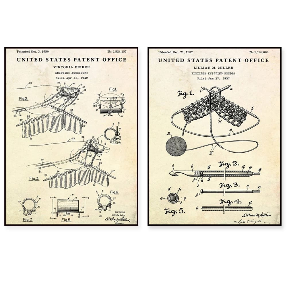 Accessori per maglieria 1950, brevetto flessibile per ferri da maglia, poster per invenzioni per maglieria, cucito, progetto per maglieria