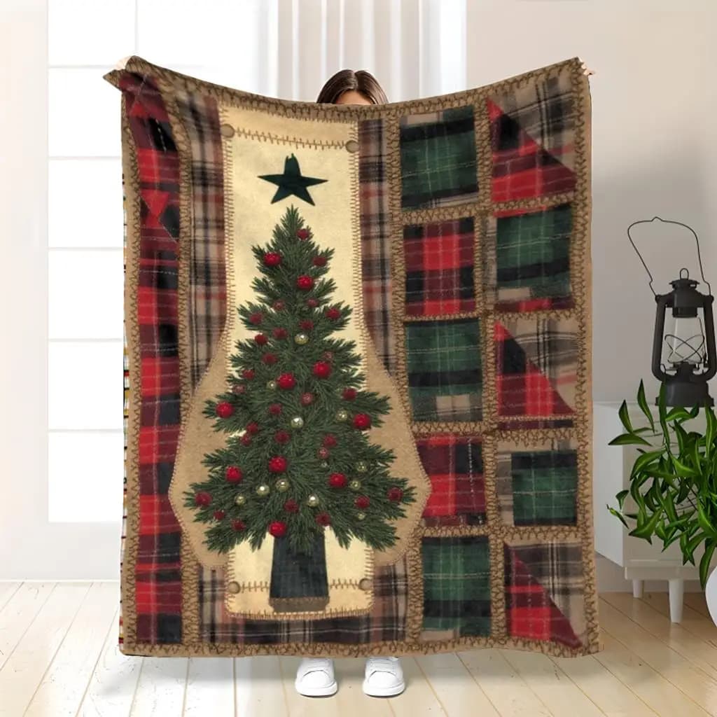 Vintage Christmas Tree Plaid Patchwork Flannel Throw Blanket - Soft Warm All-Season Cozy Red Green Golden Brown Checkered Patchw