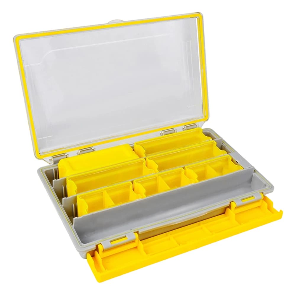 Fishing equipment box, plastic equipment box organizer with removable dividers, bait box and object holders for terminal equipment