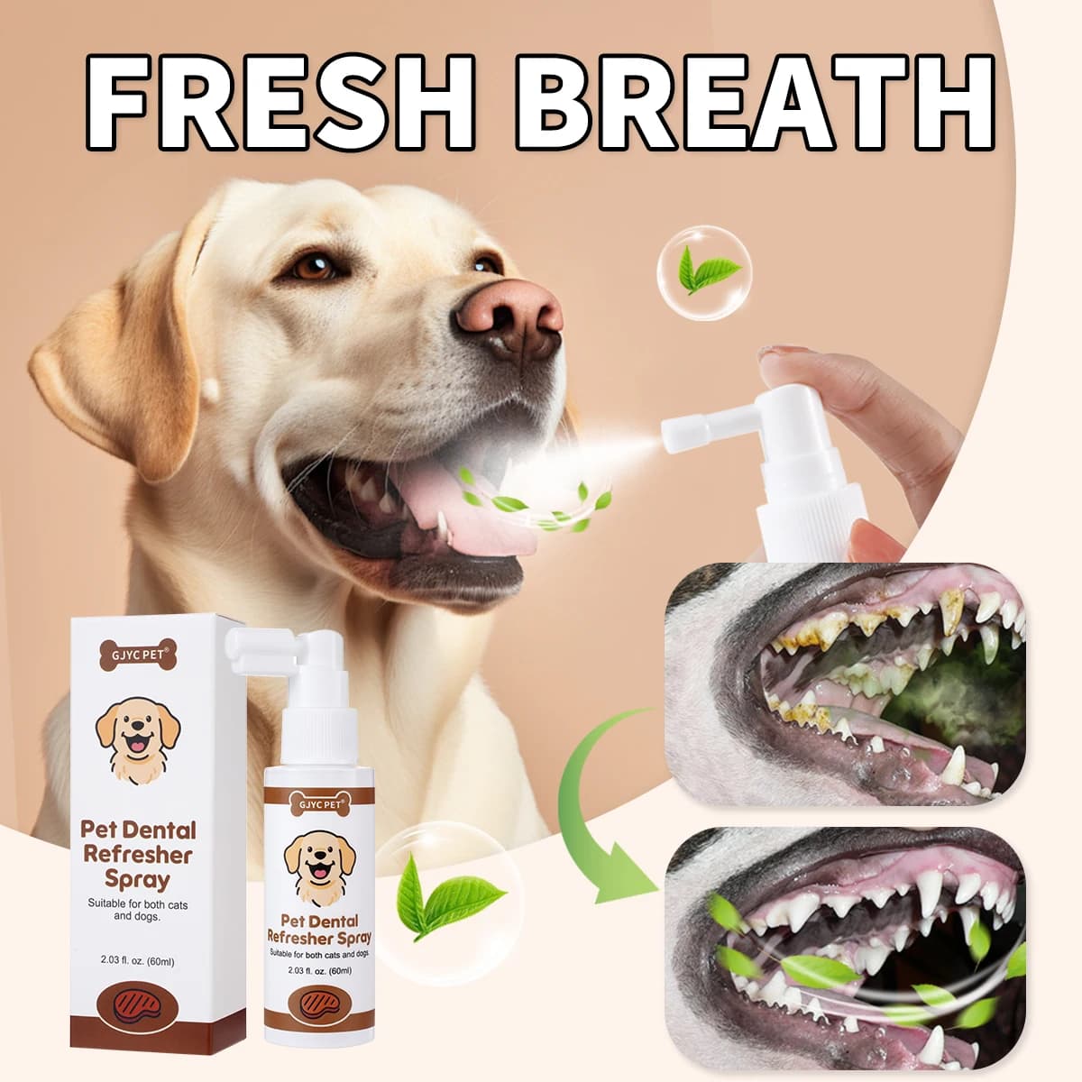Spray Rinfrescante per l'Alito di Cani e Gatti al Gusto di Manzo, Sicuro da Leccare, Delicato, Pulisce i Denti, Rimuove gli Odori, Cura Dentale Quotidiana per Tutte le Razze