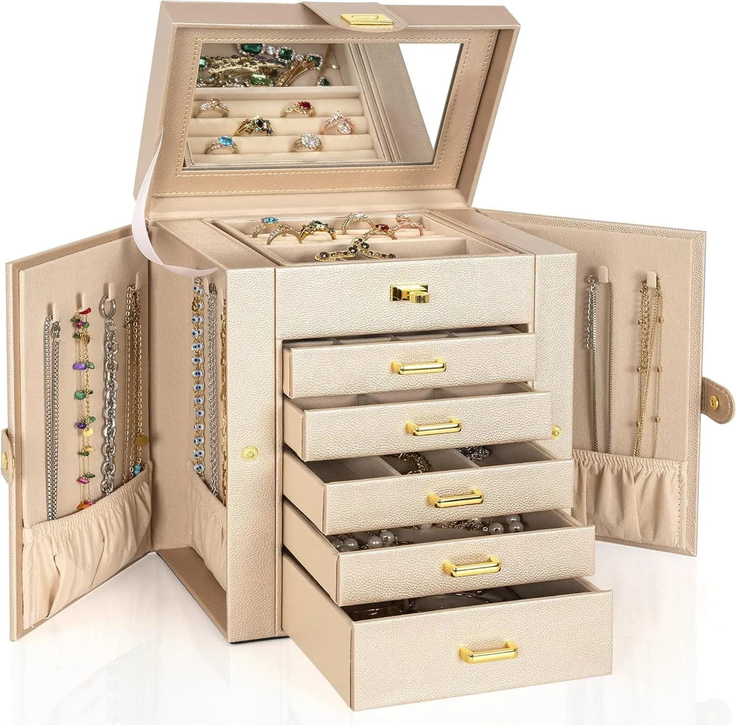 6 Level Leather Jewelry Organizer with Mirror, Ring Holders, Necklaces, Earrings and Bracelets