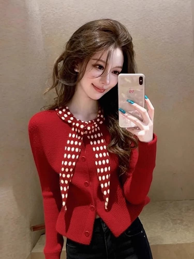 Cardigan Lavorato a Maglia Rosso a Pois da Donna, Stile Francese, Corto, con Vita Stretta, Bellissimo e Unico, per Autunno Inverno