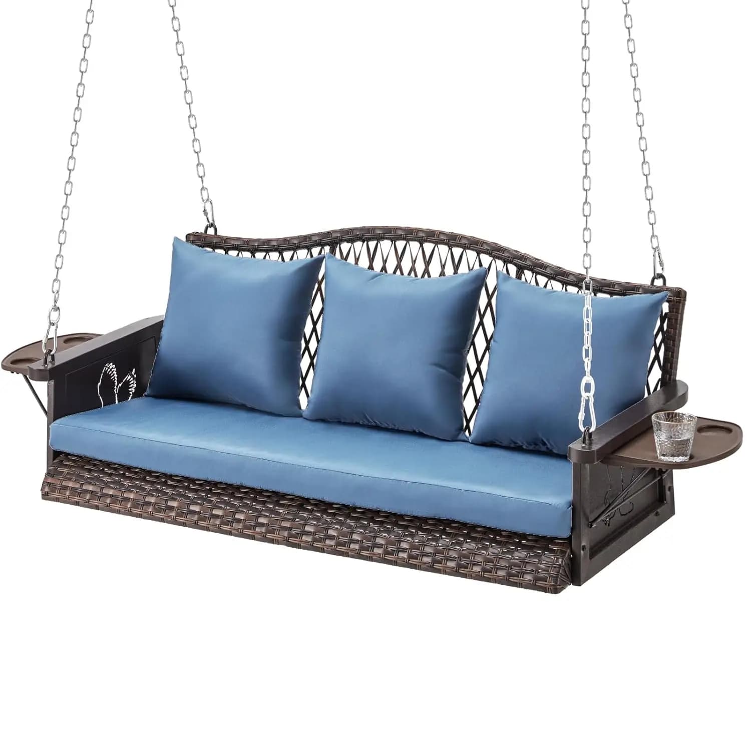 3-seater sofa in verandah-resistant wicker, with chains, cushions and cup holders, capacity 900 pounds, for outdoors, customizable