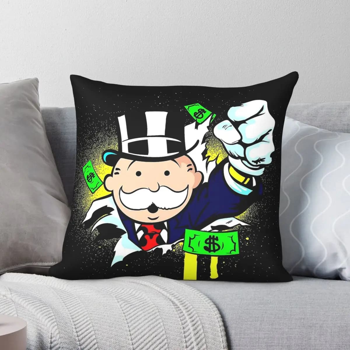 Monopoly Man Fist Raised In Victory Federa per cuscino quadrata in poliestere, lino e velluto, stampata, decorativa, per divano e seduta
