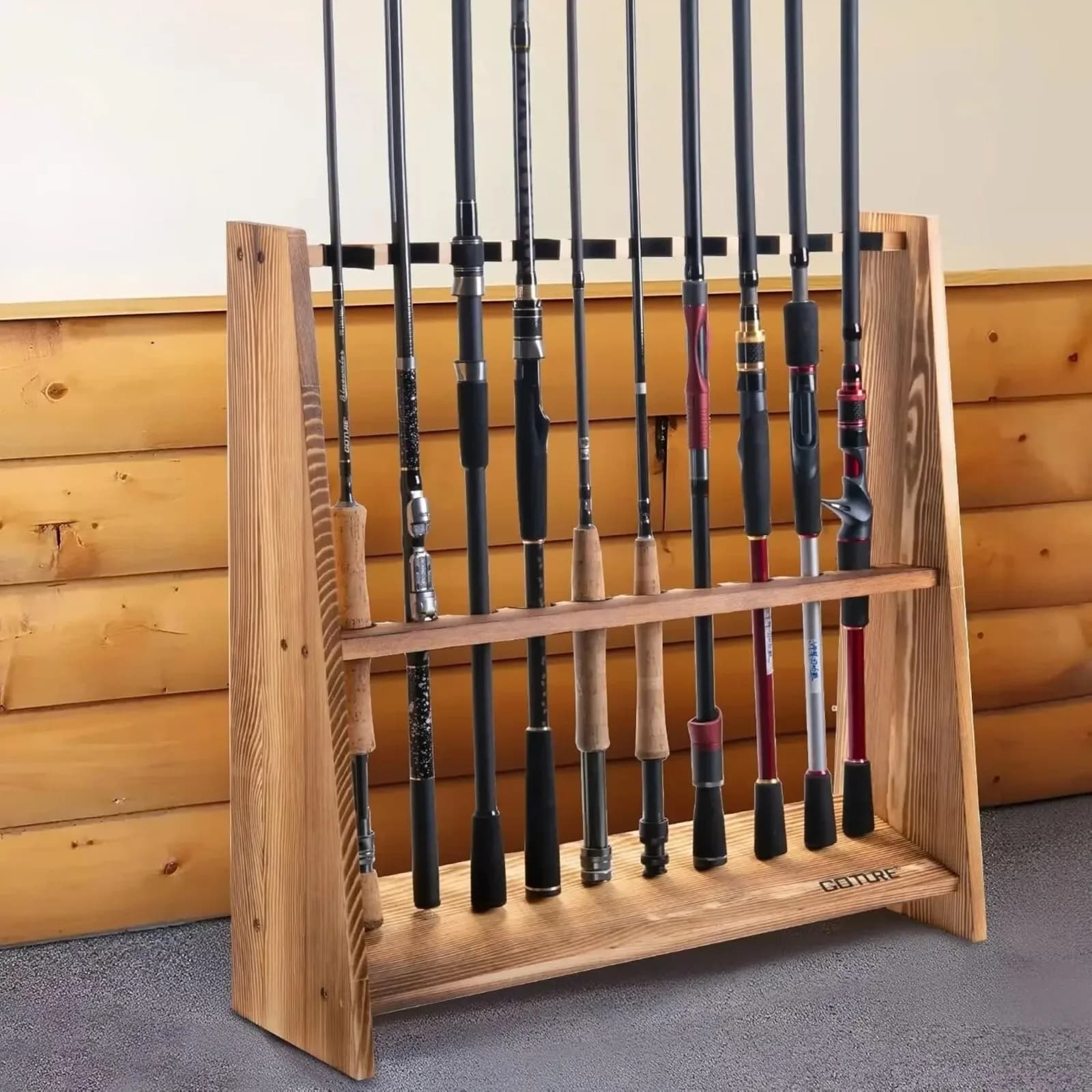 Goture Carbonized Pine Wood Fishing Rod Rack 10 Slots Floor Rod Holder Easy Assemble Removable for Display Organizer All Rods