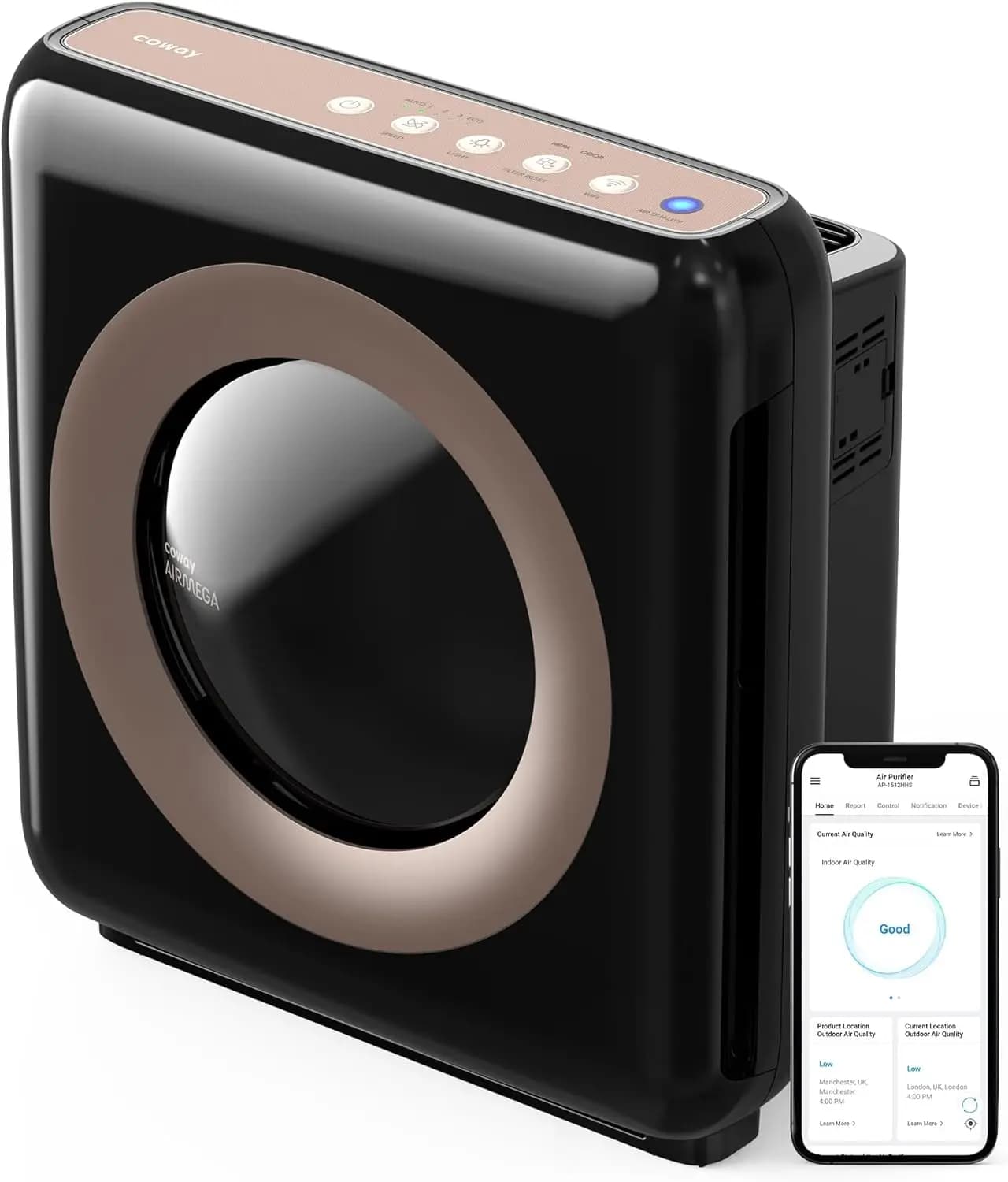 Compatibile con Amazon Alexa True HEPA Purificatore d'Aria, Nero/Bronzo Airmega AP-1512HHS Tecnologia Intelligente abilitata da App