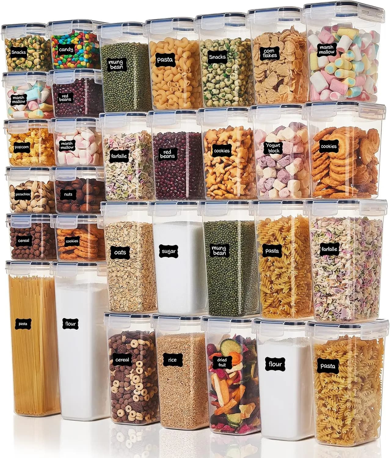 32pcs Airtight Food Storage Containers Set, BPA Free Plastic Kitchen and Pantry Organization Canisters with Lids for Cereal, Dry Food, Flour, Sugar, Includes 32 Labels