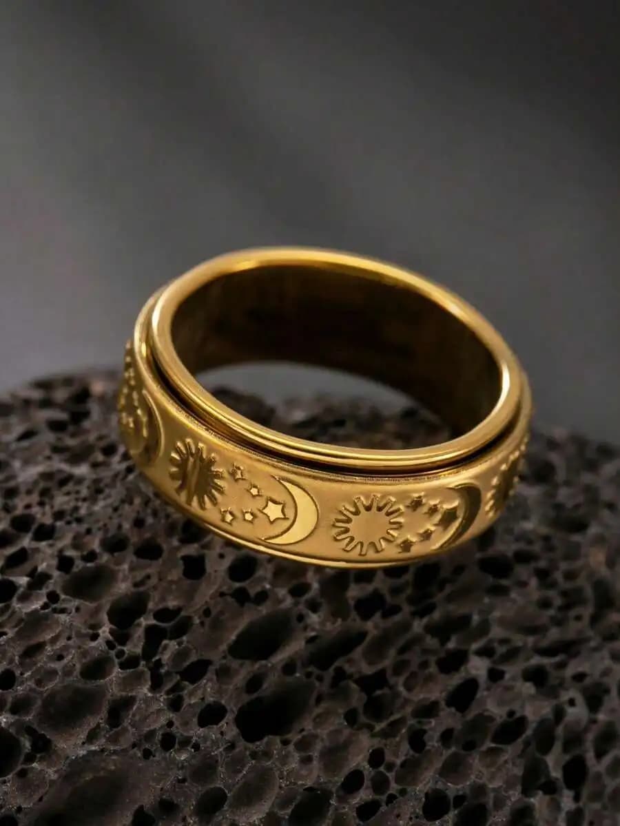 Men's Star And Moon Ring, Stainless Steel Material, 18K Gold Plated, Fashionable Vintage Style, Suitable For Daily Wear, Also Ca