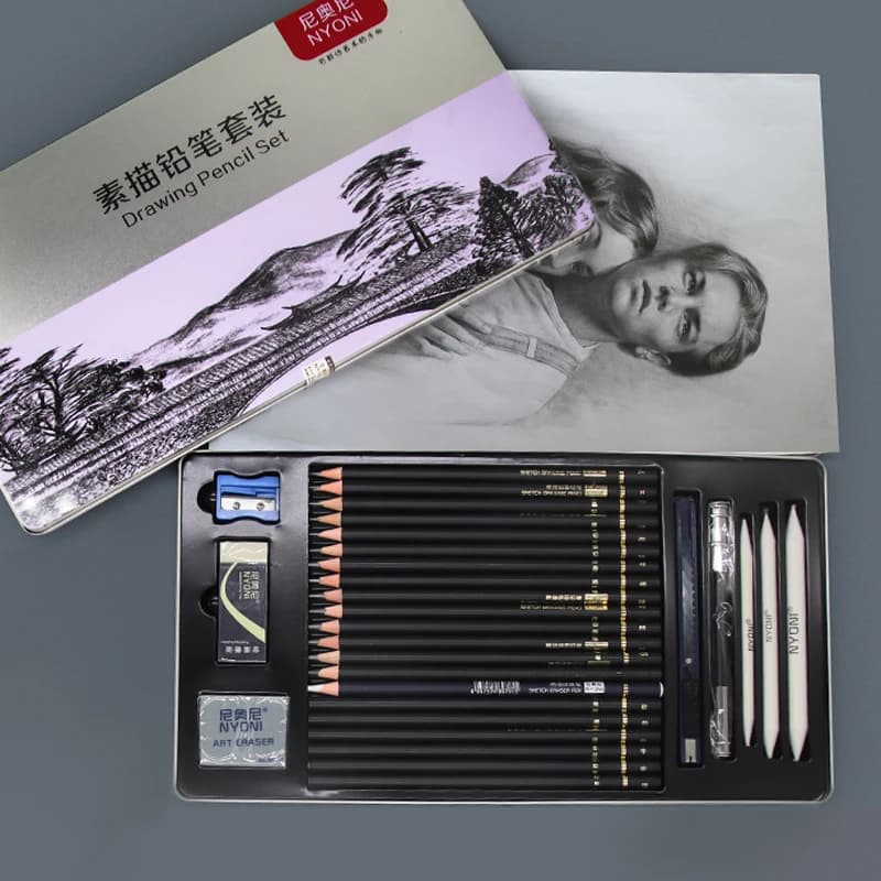 29 pezzi Set di matite per schizzi Kit da disegno per schizzi professionali Scatola di latta Matita in legno Pittore Studenti scolastici Regalo Rifornimenti d'arte