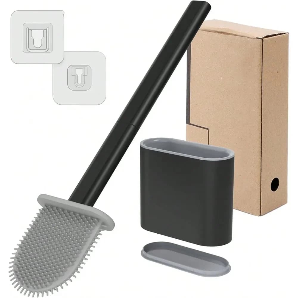Spazzola per WC con setole in silicone, delicata sui WC, montabile a parete per camper, roulotte, design antirotolamento e antigoccia, ideale per i viaggi.