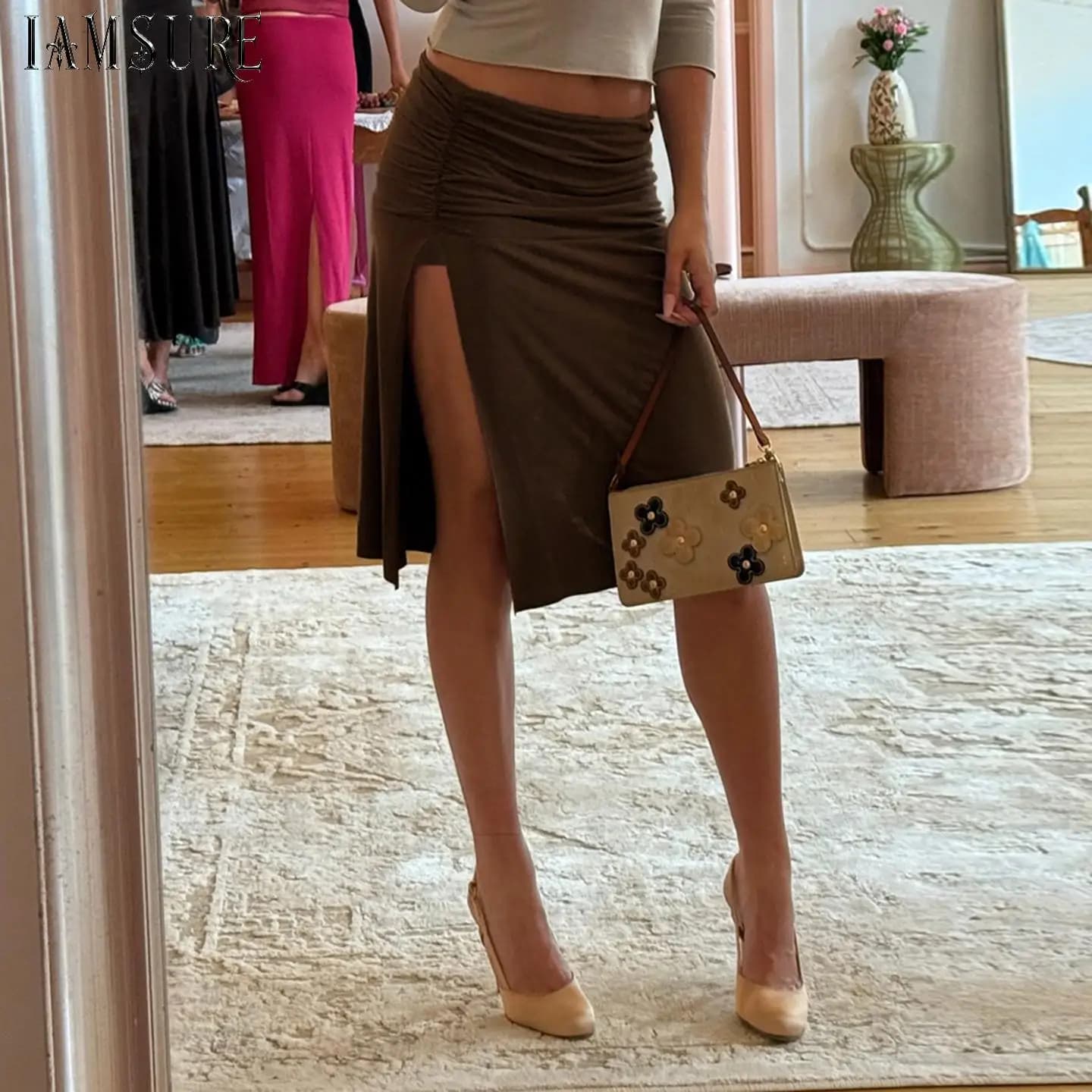 Women's Low Waist Ruched Satin Midi Skirt with Side Slit & Asymmetric Hem Elegant Bodycon Party Club Evening Dress Summer Chic