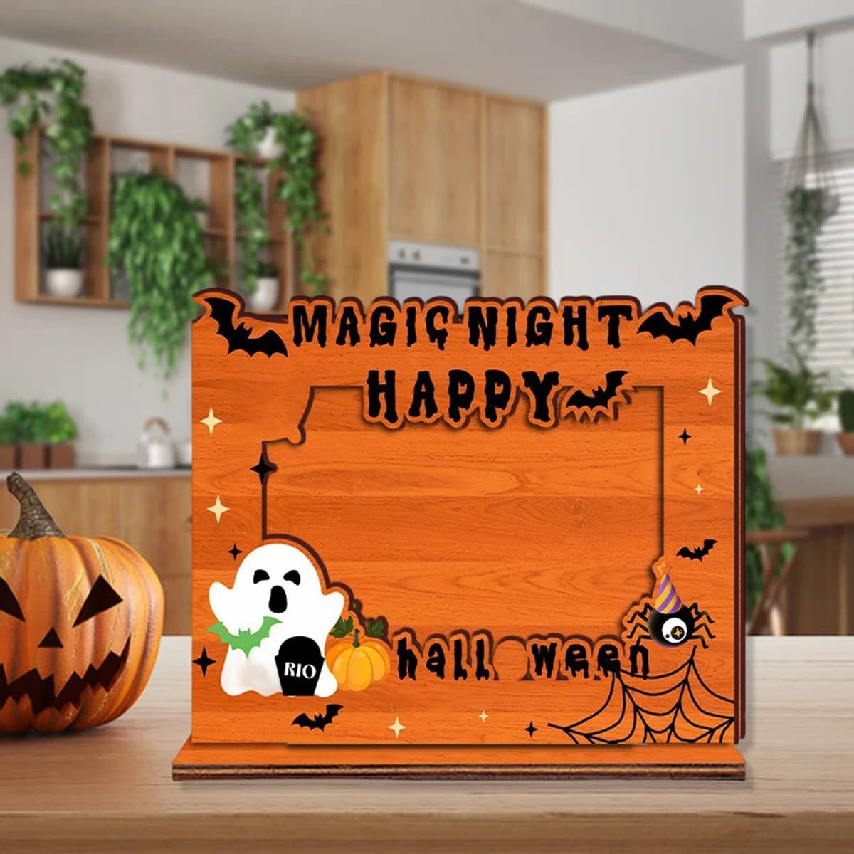 Halloween Spectral Wooden Frame with Holiday Decorations for Table Display in Living Room or Home Holidays