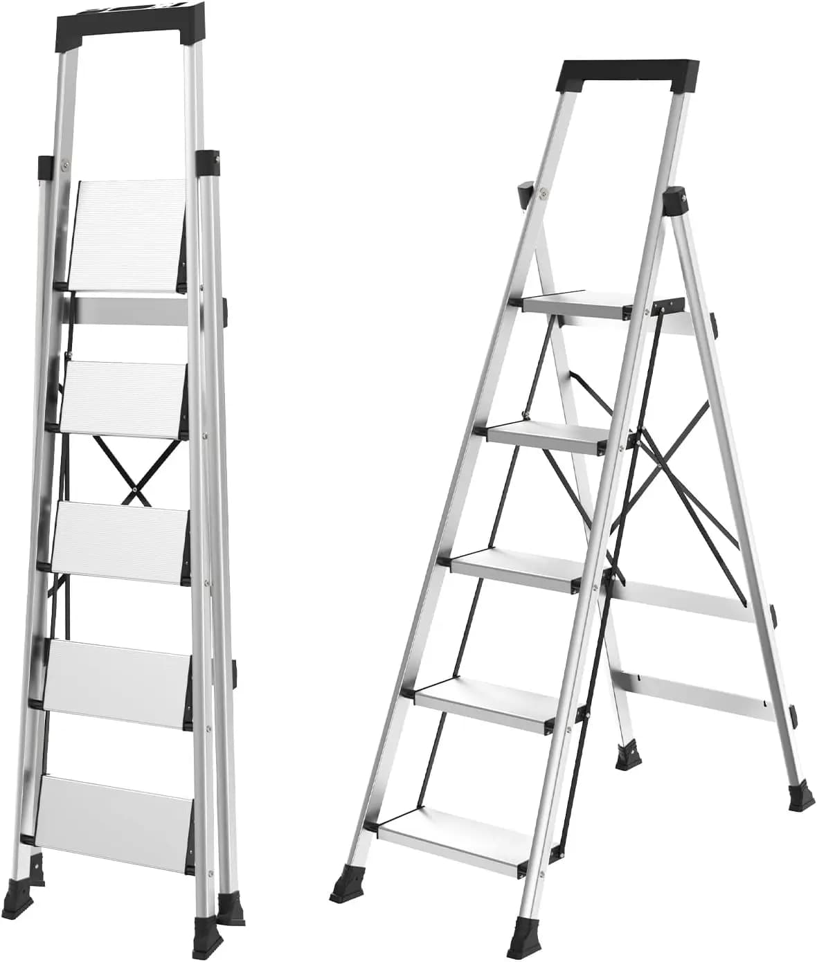 Scaletta pieghevole in alluminio a 5 gradini con vassoio per attrezzi, design antiscivolo per uso domestico e esterno, leggera e portatile fino a 330 libbre