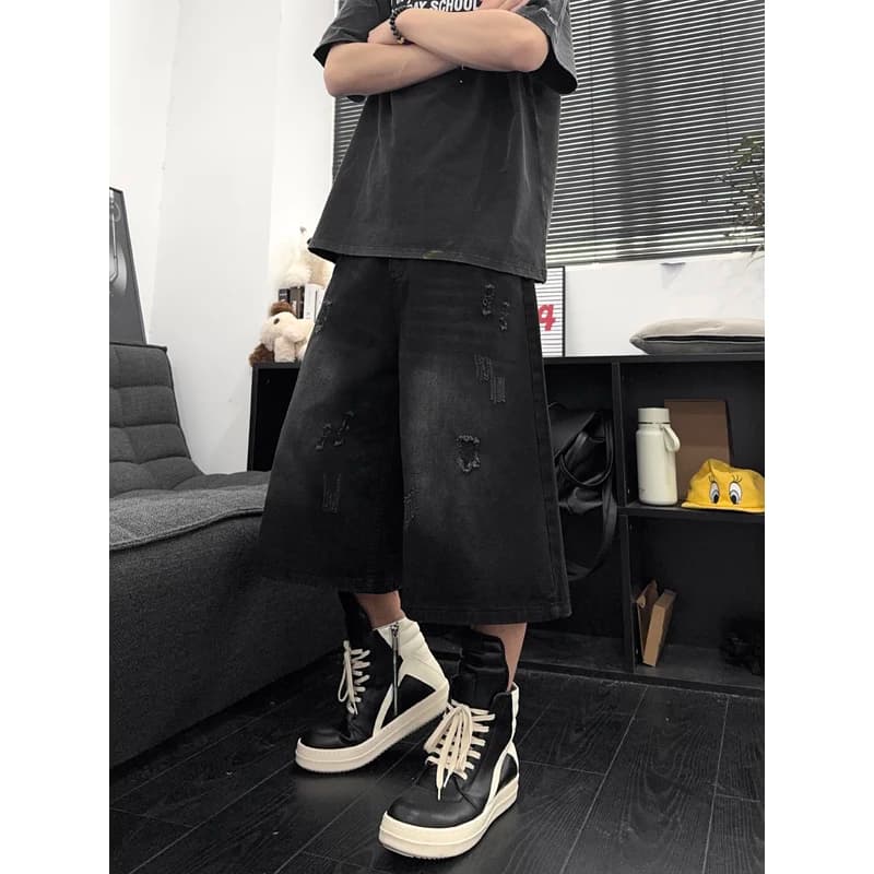 Jeans Unisex American Ins High Street a Gamba Dritta Larga, Strappati e Distressed, in Denim, a Sette Punti, Estivi, Casual, Streetwear