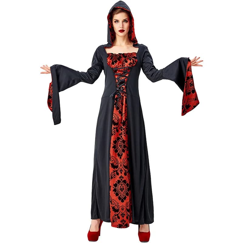 Donna Fasciatura nera Abito con cappuccio Costume cosplay di Halloween Carnevale Abito da mago Vampiro Dolman Maniche Abiti lunghi fino al pavimento