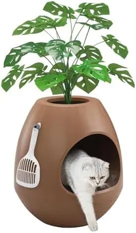 Eggloa6 Hidden Cat Litter Box with Artificial Plants - Egg-Shaped Enclosure Includes Scoop, Discreet Furniture for Home