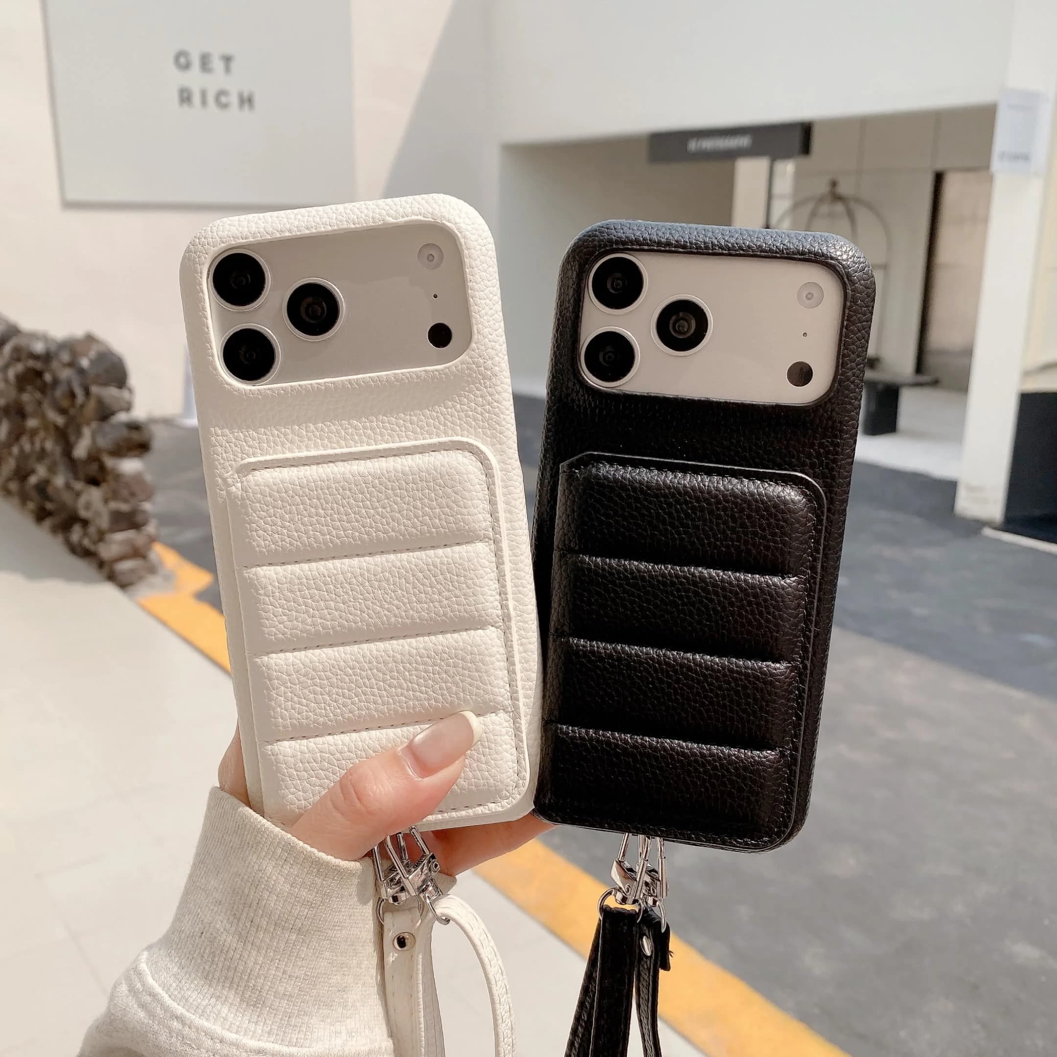 Custodia a mezza copertura in pelle con porta carte e portafoglio a tracolla per iPhone 17 Air 16E 16 15 13 12 14 11 Pro Max 8 Plus