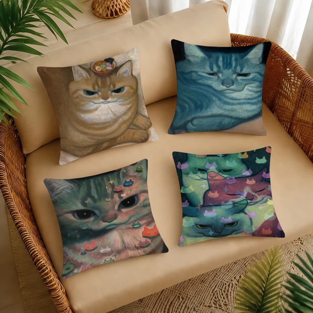 K-Karin H-Hosono Art Cat Cute Cushion Cover Square Decorative Throw Pillow Case Sofa Bed Living Room Anniversary Gifts