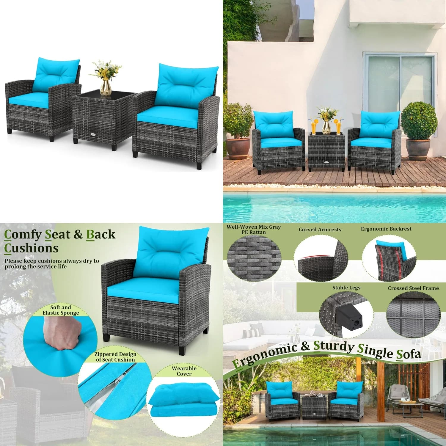 Set Bistrot da Esterno in 3 Pezzi con Sedie Imbottite in Vimini e Tavolo in Vetro, per Veranda, Balcone, Bordo Piscina, Grigio-Turchese, Personalizzabile
