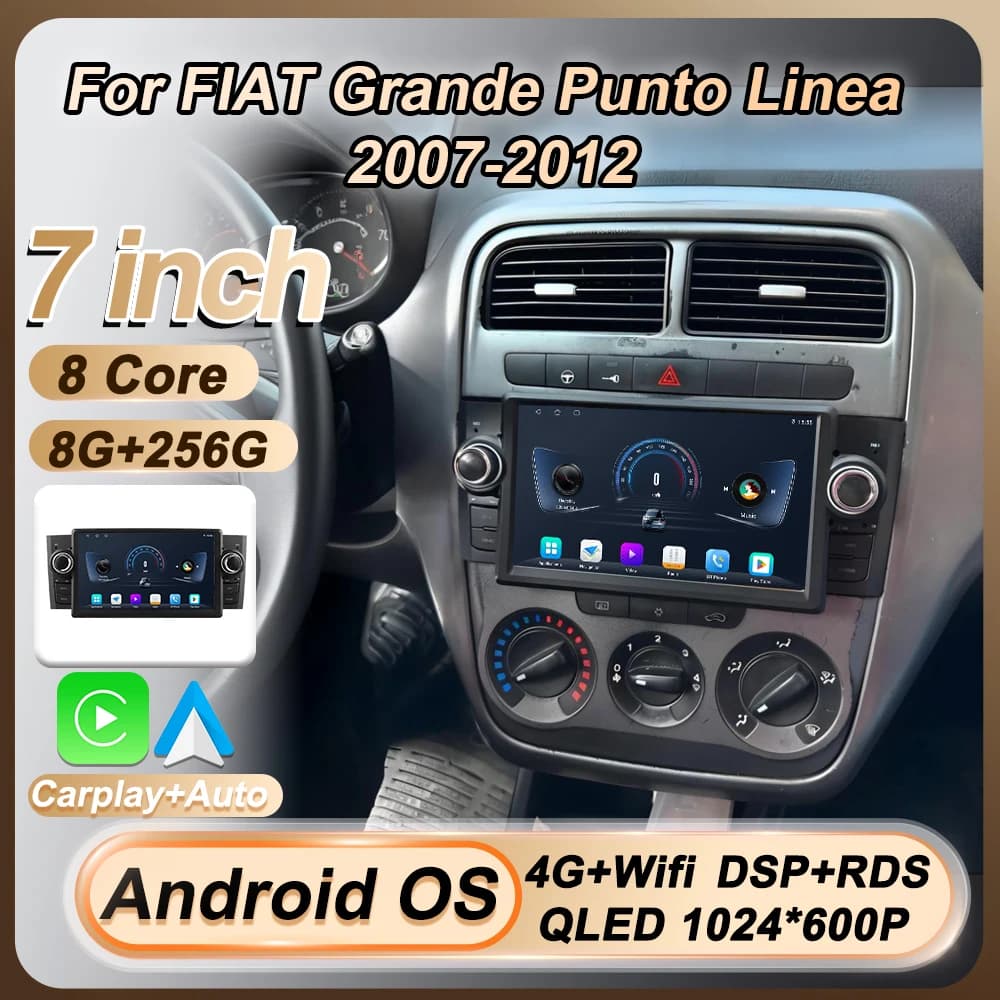 7 pollici Carplay Android Auto Per FIAT Grande Punto Linea 2007-2012 Autoradio Lettore Video Multimediale di Navigazione GPS 8 Core BT DSP