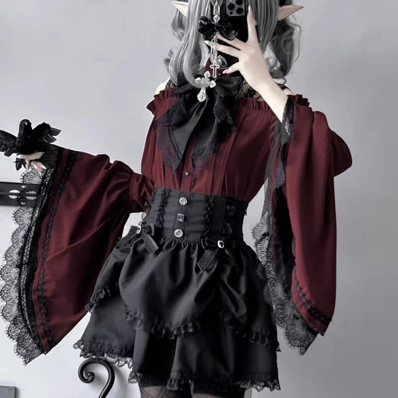 Camicie stile Lolita gotico Y2k Donna Colletto arricciato Kawaii Camicetta a maniche lunghe svasata Donna Top slim vintage vittoriani giapponesi