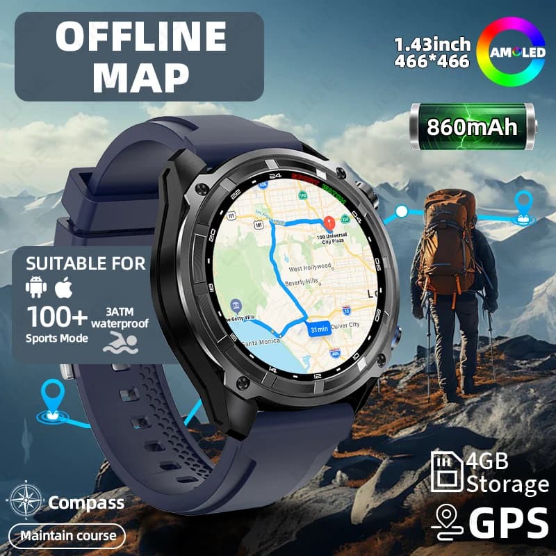 Military Smartwatch 2026 with Offline Maps, 4GB Memory, GPS Navigation, MP3/MP4, Tracker for Swimming and Sport, 860mAh Battery