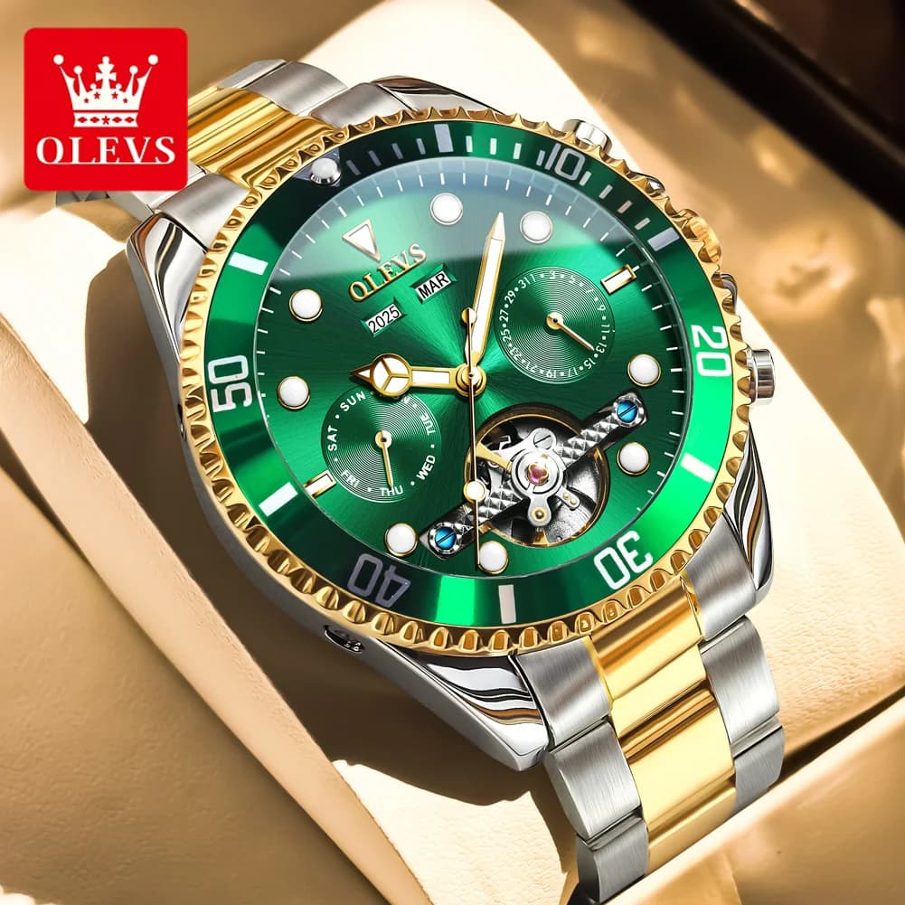 OLEVS 6605 Men's Watch Multi functional Dual Calendar Display Stainless steel Hollow Automatic Mechanical Man Watch