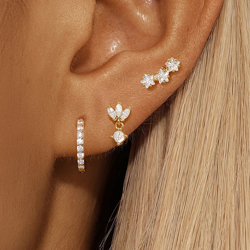 3PCS Stainless Steel Huggies Star Hoop Earrings Set for Women Trendy Zircon Pendant Gold Color Statement Piercing Jewelry Aretes