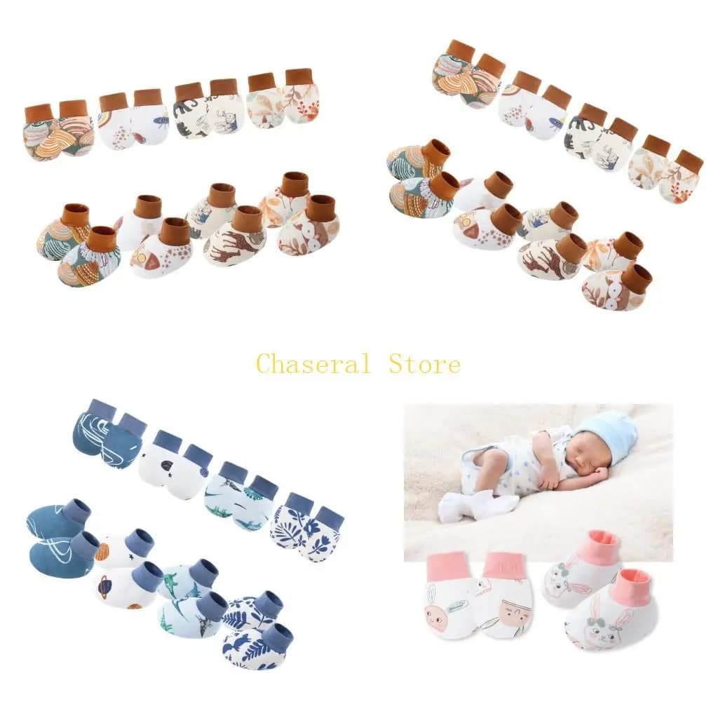 E7CE 4 set guanti in cotone antigraffio per bambini da 0 a 6 mesi con coprigambe abbinato