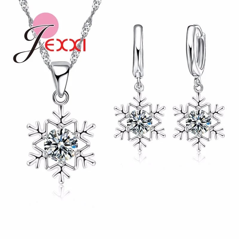 Collana a catena in argento sterling 925 con pendente a forma di fiocco di neve da donna elegante + orecchini Set gioielli natalizi da sposa di moda femminile