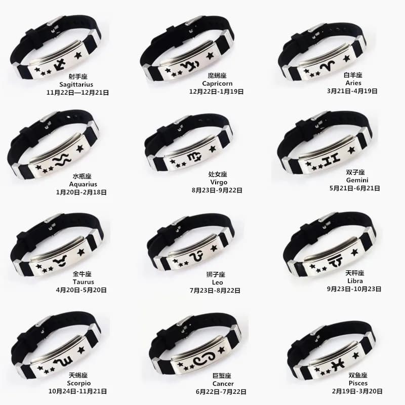 Produttore punk Vendite dirette Bracciale in silicone con 12 zodiacali in acciaio inossidabile Gioielli in acciaio al titanio Regalo di compleanno Bracciale alla moda in stile coreano