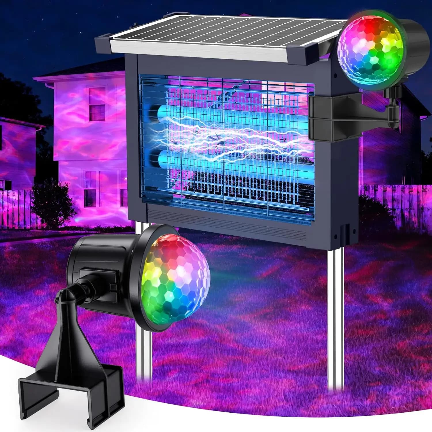 Dispositivo Solare Anti-Insetti 4500V, 2-in-1 Ricaricabile con Luce di Proiezione, Impermeabile IP66, Ricarica Tipo-C, per Patio, Giardino e Campeggio