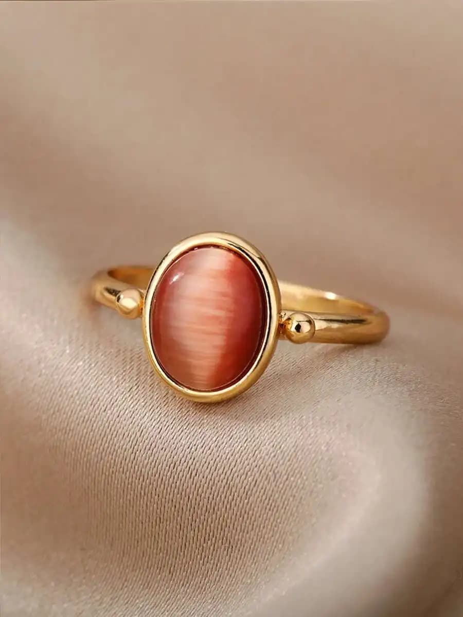 Anello minimalista in rame con pietra occhio di gatto per donna, anello chiuso unico