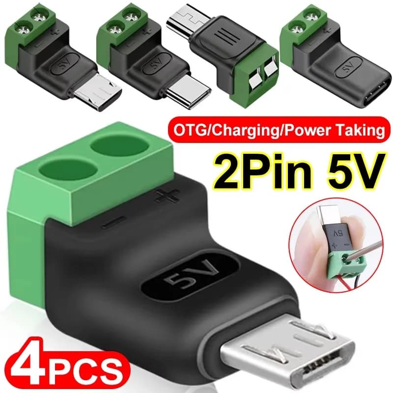 1-4 Pezzi Connettore a Morsetto 5V Verde per Trasferimento Dati e Ricarica, Adattatore USB C a 2 Pin Senza Saldatura con Vite