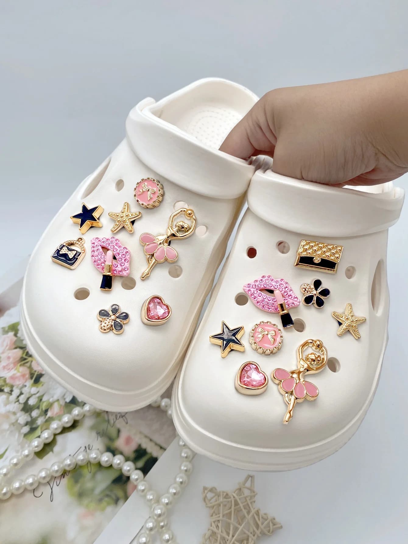 16 pezzi di rossetto labbra diamante punto rosa, ragazza danzante, fiocco, diamante cuore ABS, stella nera a cinque punte, borsa con fiocco, fiore fai da te